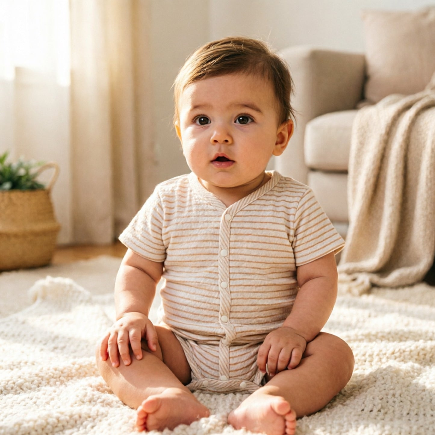 GOTS Certified Organic Striped Mesh Short-sleeved Mid-button Shirt